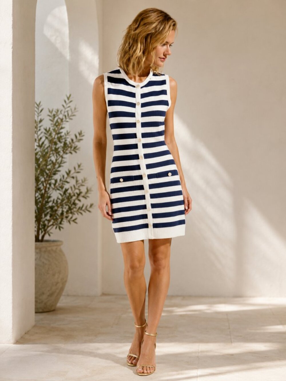 96794 Sleeveless Nautical Navy Striped Dress with Gold Buttons